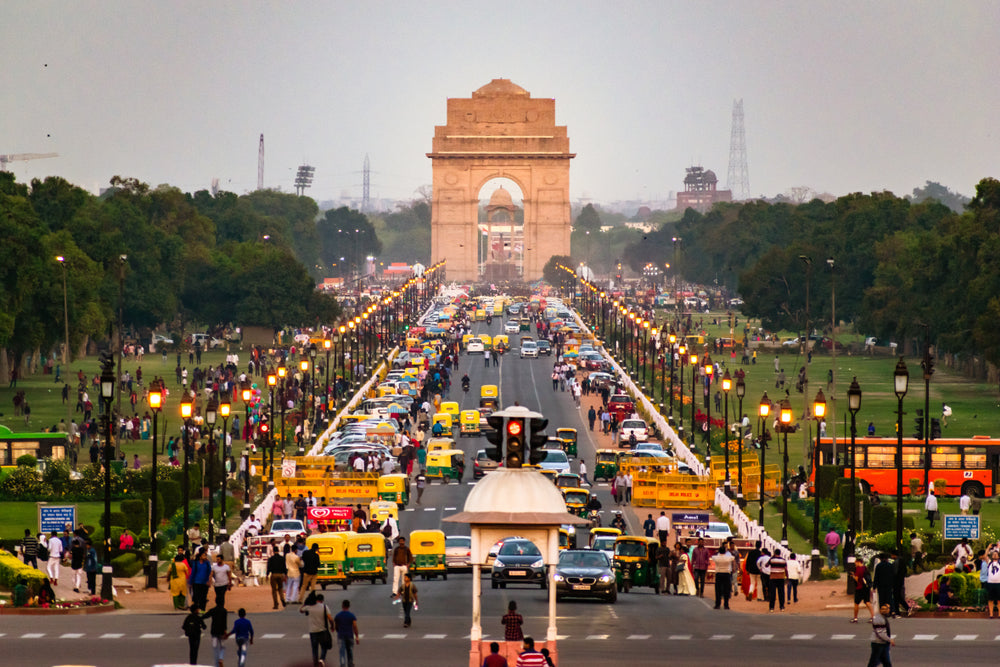 Delhi City street view from Rajpath 'King's Way' with India Gate.